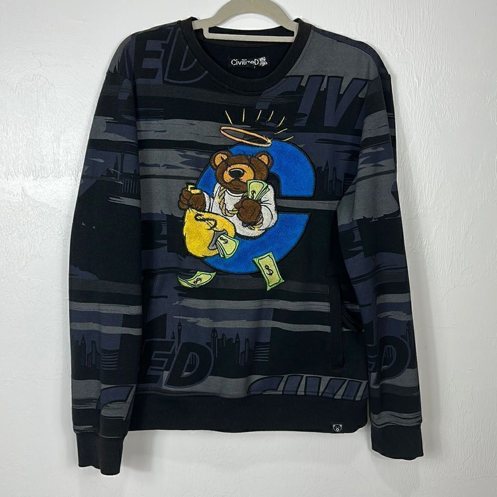 Civilized Black And Gray Streetwear Bear Crewneck Sweatshirt Size M